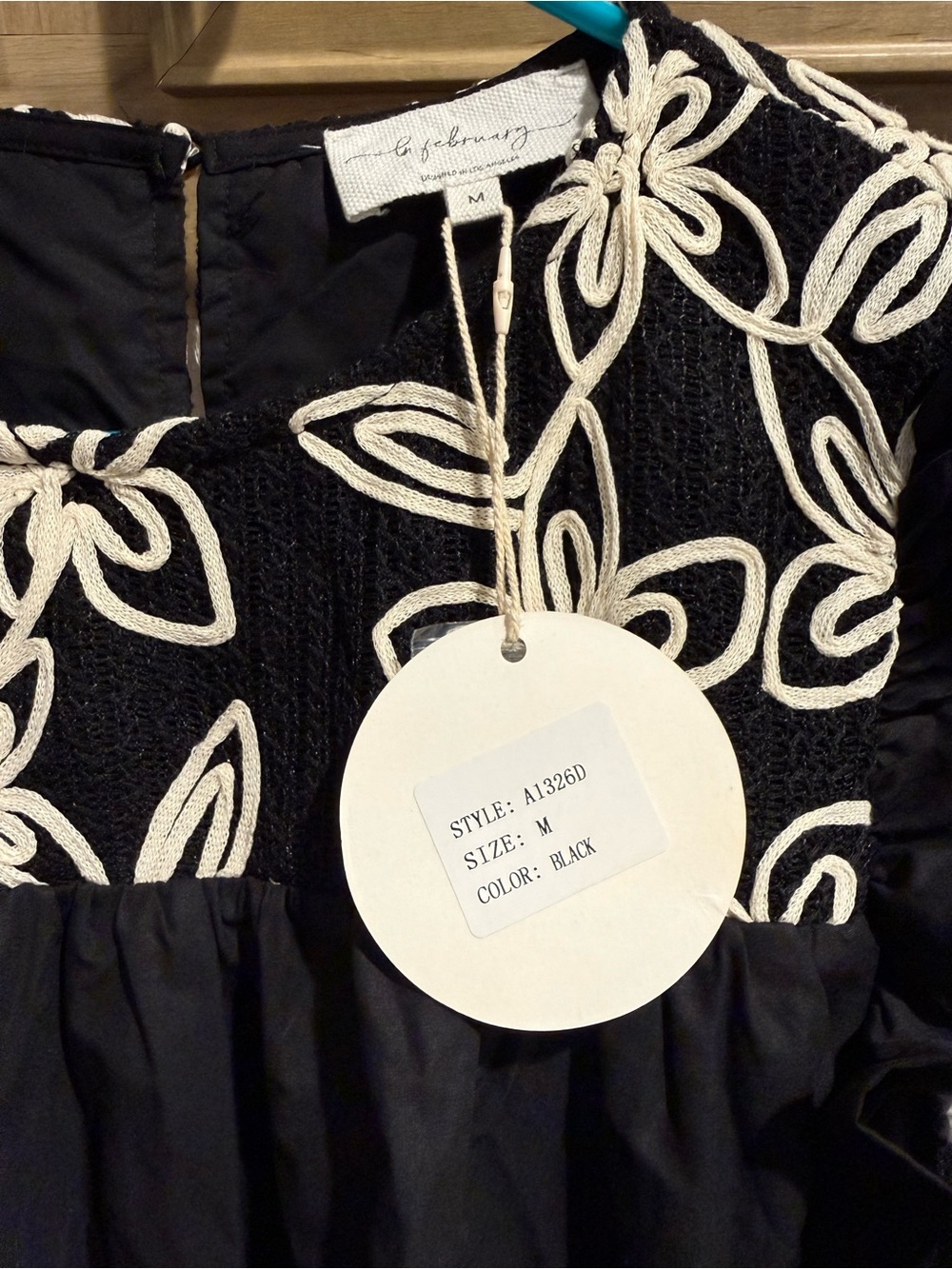 Black Midi Dress with Floral Smocked Yoke - Picture 2 of 5